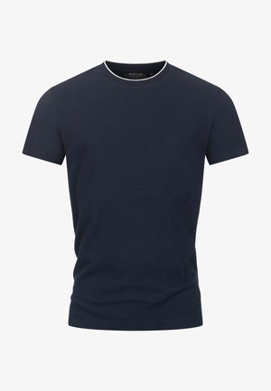 Marineblå T-shirt med korte ærmer lavet af tekstureret bomuld, med en rund halsudskæring og en kontrasterende hvid kant.