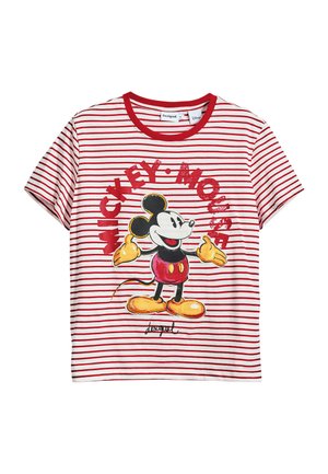 T-shirt à rayures rouges et blanches en coton, avec un graphisme de Mickey Mouse portant des gants jaunes, des oreilles noires et une signature.