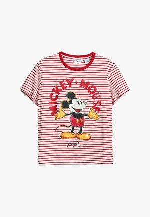 T-shirt à rayures rouges et blanches en coton, avec un graphisme de Mickey Mouse portant des gants jaunes, des oreilles noires et une signature.