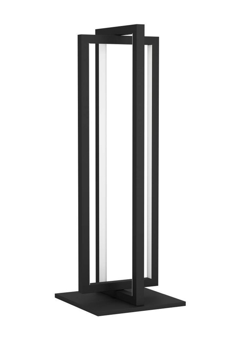 Czarna metalowa lampa stołowa z prostokątną ramą i podstawą. Posiada przezroczyste wewnętrzne sekcje, tworząc strukturalny, minimalistyczny design.