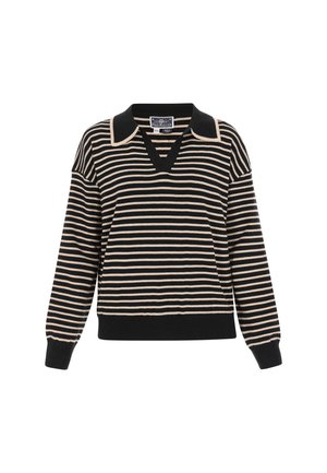 Black and beige striped pullover with a V-neck and collar, ribbed cuffs, and hem. Made of soft, textured fabric.