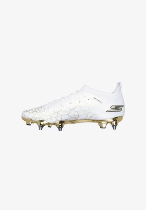 White football boot with a textured surface featuring a crackle pattern and gold accents. Six metal studs for traction.