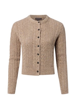 Beige gebreide cardigan met een ronde hals, lange mouwen, een gestructureerd kabelpatroon en zes contrasterende donkere knopen aan de voorkant.