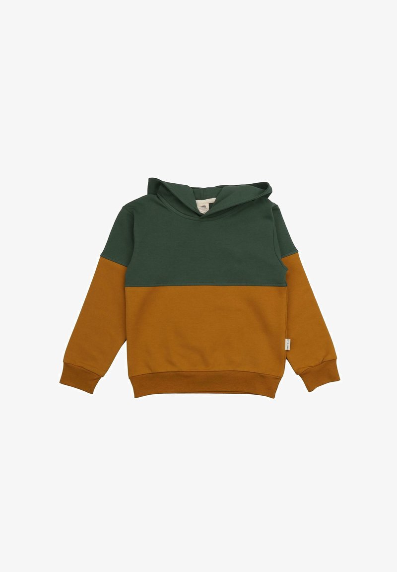 Grün und senffarbenes Hoodie, das ein zweifarbige Design aufweist, aus weicher Baumwolle mit gerippten Bündchen und Saum. Keine Muster oder Logos vorhanden.
