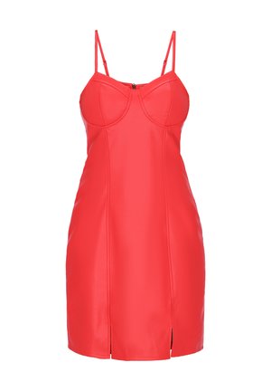 Rochie mini roșie fără mâneci, cu bretele subțiri ajustabile, corset mulat cu detalii cusute și fante mici frontale la tiv.