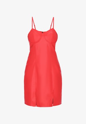 Rode mouwloze mini-jurk met verstelbare spaghetti bandjes, nauwsluitend lijfje met naaddetails en kleine splitjes aan de voorkant van de zoom.