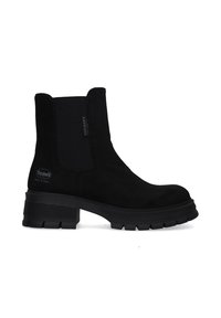 Schwarze Wildleder-Stiefelette mit elastischen seitlichen Einsätzen, runder Zehenpartie und einer dicken, strukturierten Gummisohle mit horizontalen Rillen.
