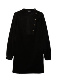 Robe en velours côtelé noir avec un col haut, de longues manches bouffantes et un décolleté carré, ornée de quatre boutons marron sur un côté.