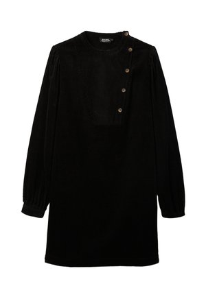 Robe en velours côtelé noir avec un col haut, de longues manches bouffantes et un décolleté carré, ornée de quatre boutons marron sur un côté.