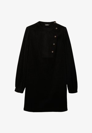 Robe en velours côtelé noir avec un col haut, de longues manches bouffantes et un décolleté carré, ornée de quatre boutons marron sur un côté.