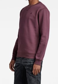 Sweter bluza w ciemnym śliwkowym kolorze, z okrągłym dekoltem, ściągaczami przy rękawach oraz szwami bocznymi. Detal z logo na klatce piersiowej. Miękka, teksturowana tkanina.