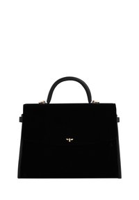 Black velvet handbag with a structured shape, gold bee emblem, top handle, and smooth leather accents. Features a flap closure.
