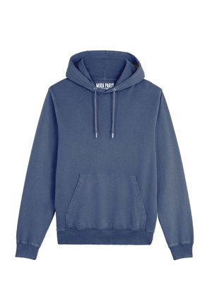 Sötétkék kapucnis pulóver, pamut keverékből készült, húzózsinórral ellátott kapucnival, elülső zsebbel, valamint bordás mandzsettákkal és alsó szélekkel. Egyszerű, klasszikus dizájn.