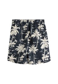 Svarta badshorts med ett mönster av vita palmer, elastisk midja och mjukt, lätt tyg för komfort.
