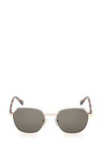 Gafas de sol con montura de metal y lentes de color gris oscuro, de forma octogonal, con un sutil patrón de carey en las patillas afiladas. Detalle del logo en la montura.