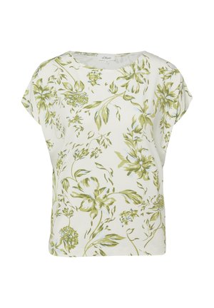 Blouse blanche à manches courtes avec imprimé floral et feuillage vert, encolure ronde et coupe décontractée.