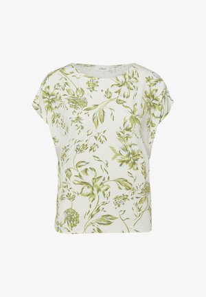 Blouse blanche à manches courtes avec imprimé floral et feuillage vert, encolure ronde et coupe décontractée.