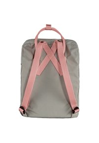 Gray fabric backpack with pink straps. Features a top handle and crisscross strap design. Smooth texture, simple rectangular shape.