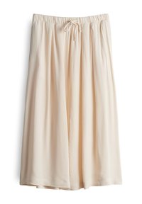 Jupe midi beige clair avec une coupe décontractée, fabriquée en tissu doux. Elle présente une taille élastique et des plis avant pour plus de volume.