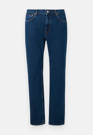 Jeans de ganga azul com corte reto e cintura média, apresentando fecho de botão, design de cinco bolsos e costura contrastante.