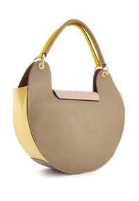 Round handbag made of textured leather in beige and yellow, featuring a semicircular shape, contrasting pink accent, and gold hardware.