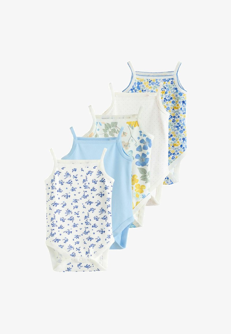 Fem bodysuits uden ærmer i blå og blomsterprint, lavet af blødt bomuld, med trykknapper i bunden og kontrastkanter.