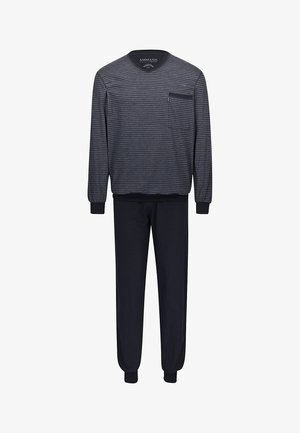 Ensemble de vêtements d'intérieur pour homme comprenant un haut à rayures bleu marine à manches longues avec une poche et un pantalon bleu marine uni assorti avec des poignets fuselés.