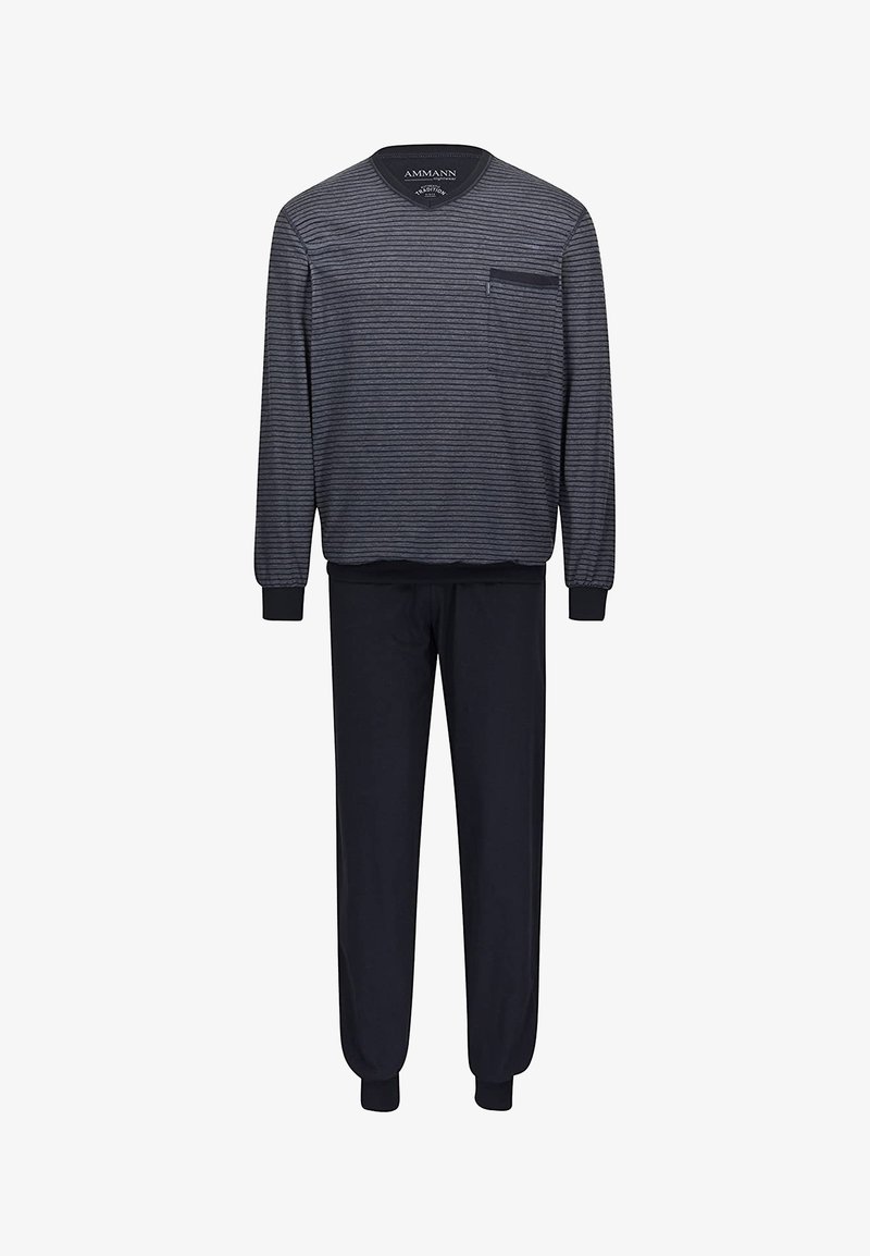 Herren-Loungewear-Set mit einem langärmeligen, marineblauen gestreiften Oberteil mit einer Tasche und passenden einfarbigen marineblauen Hosen mit schmal zulaufenden Bündchen.