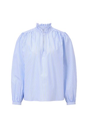 Blusa a righe blu e bianche con scollo alto arricciato e maniche lunghe a sbuffo. Il tessuto appare liscio con una texture leggera.