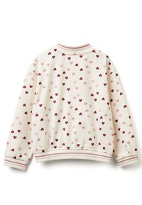 Felpa bianca con motivo a cuori in rosa chiaro e bordeaux. Le maniche a costine e il collo a girocollo presentano accenti a strisce sottili.