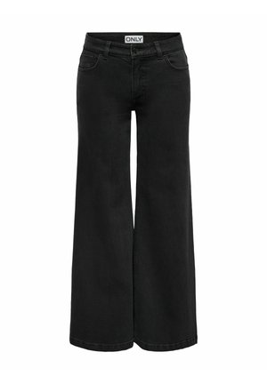 Jeans neri a gamba larga realizzati in denim, con vita alta, passanti per cintura e tasche anteriori e posteriori. Texture liscia con cuciture minime.