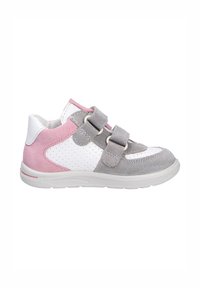 Gray, white, and pink sneaker with a suede and mesh design, featuring two Velcro straps and perforations on the sides for ventilation.