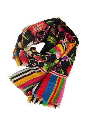 Colorful woven scarf with floral and striped patterns, featuring red, green, blue, yellow, pink on a black background, with frayed edges.
