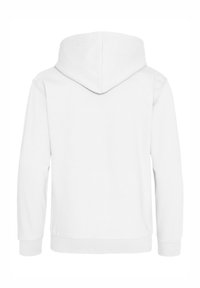 Felpa bianca con cappuccio piatto, maniche lunghe e polsini a costine. Realizzata in tessuto morbido senza motivi visibili o accessori.