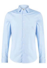 Ljusblå långärmad skjorta i mjukt tyg. Har en spetsig krage och knappar fram. Ärmarna är knäppta med rundade kanter.