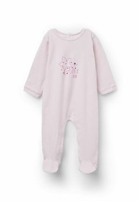 Jasnoróżowy polarowy kombinezon z długimi rękawami, z uśmiechniętą gwiazdką i napisem "mała gwiazdka", zapięcie na zatrzaski u dołu, z pełnymi nogawkami.