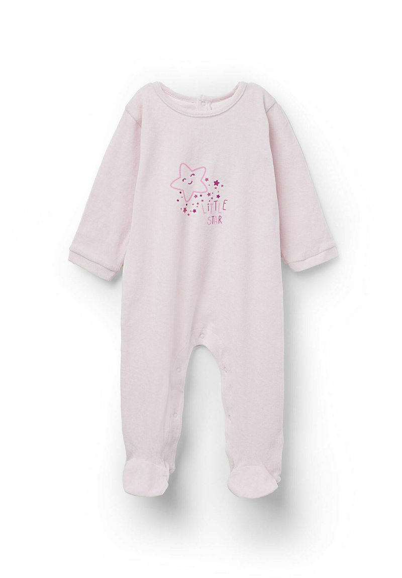 Jasnoróżowy polarowy kombinezon z długimi rękawami, z uśmiechniętą gwiazdką i napisem "mała gwiazdka", zapięcie na zatrzaski u dołu, z pełnymi nogawkami.