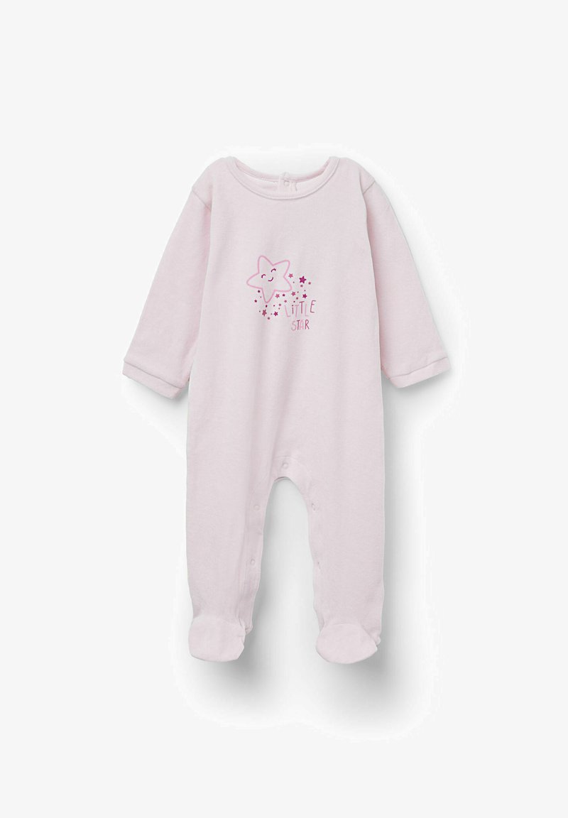 Jasnoróżowy polarowy kombinezon z długimi rękawami, z uśmiechniętą gwiazdką i napisem "mała gwiazdka", zapięcie na zatrzaski u dołu, z pełnymi nogawkami.