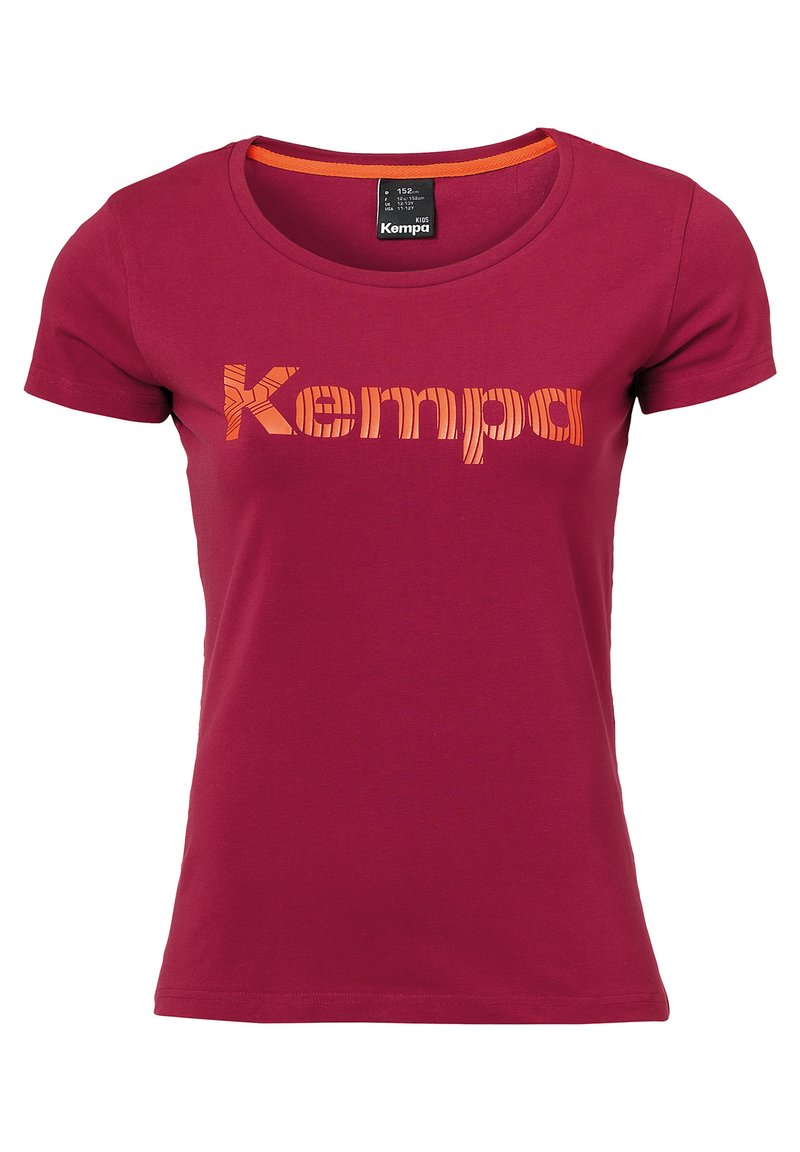 Maroon short-sleeve T-shirt made from cotton. Features orange "Kempa" logo in a textured design. Round neckline and simple cut.