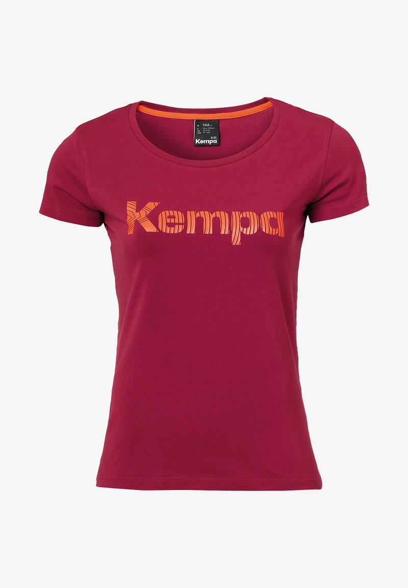 Maroon short-sleeve T-shirt made from cotton. Features orange "Kempa" logo in a textured design. Round neckline and simple cut.