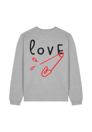 Grauer Sweatshirt mit besticktem "love" in Schwarz und einer roten Sicherheitsnadel sowie Tropfenakzenten. Weicher Stoff, lässiges Design, gerippte Bündchen.