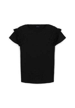 T-shirt nera a maniche corte con dettagli arricciati sulle spalle e tessuto testurizzato nella parte frontale. Materiale morbido e scollatura rotonda.