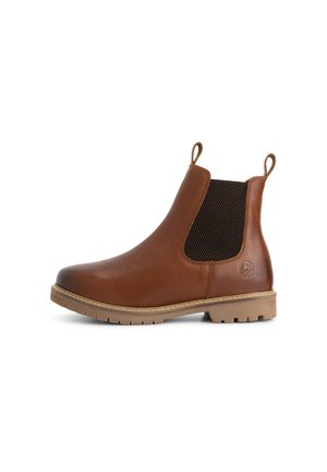 Brown leather Chelsea boot with elastic side panels, pull tabs on front and back, and a rugged tan rubber sole.