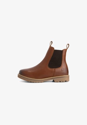 Brown leather Chelsea boot with elastic side panels, pull tabs on front and back, and a rugged tan rubber sole.