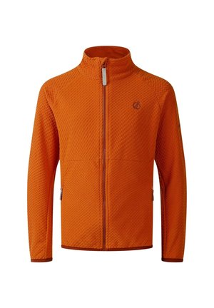 Oranger Vollreißverschlussjacke aus strukturiertem Stoff, mit hohem Kragen, langen Ärmeln und seitlichen Reißverschlusstaschen, gezeigt auf weißem Hintergrund.