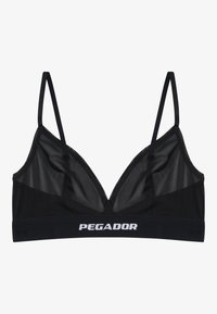 Čierny sieťový bralet s trojuholníkovými pohárikmi, tenkými ramienkami a širokým elastickým pásom s nápisom "PEGADOR" v bielej farbe.