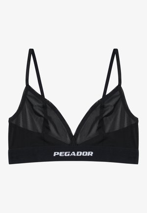 Bralette en mesh noir avec des bonnets en triangle, des fines bretelles et une large bande élastique portant le mot "PEGADOR" en lettres blanches.
