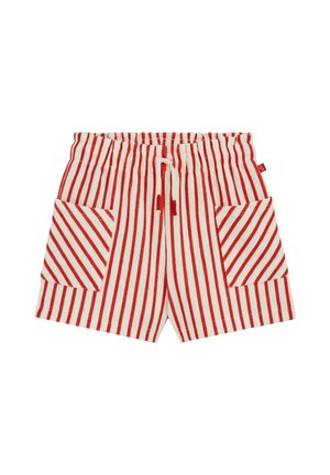 Pantaloni scurți albi cu dungi verticale roșii, talie elastică cu șnur și două buzunare aplicate în față cu dungi diagonale.
