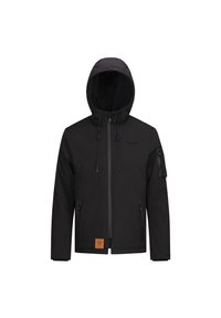 Zwarte hoodie met een ritssluiting aan de voorkant, een koordje bij de hals, twee zijzakken en een patch aan de onderzijde links. Soepele textuur.