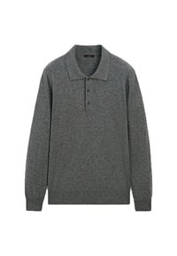 Graues Langarm-Polohemd aus weichem Stoff, mit klassischem Kragen, Knopfleiste mit drei Knöpfen und gerippten Bündchen. Ohne Muster.